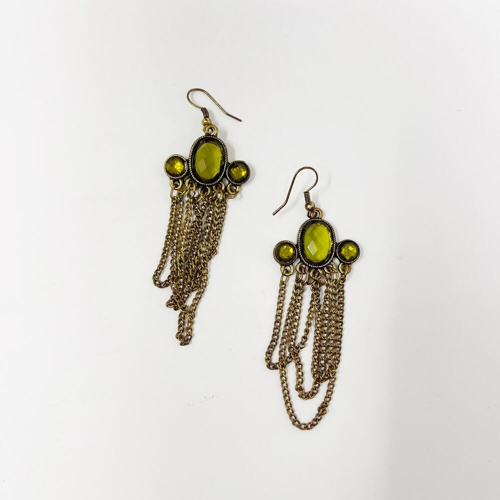 Gold Tone Chainlink Green Gemstone Dangle Earrings Statement Layered Chain
